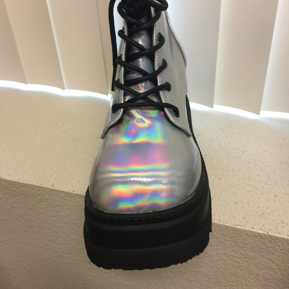 Demonia Silver Holographic Platform Boots - Picture 11 of 13